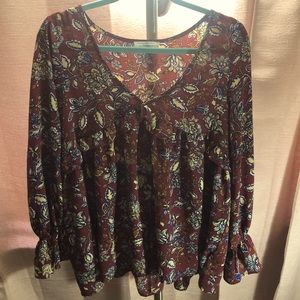 Entro Boutique Burgundy Ruffle Floral Blouse